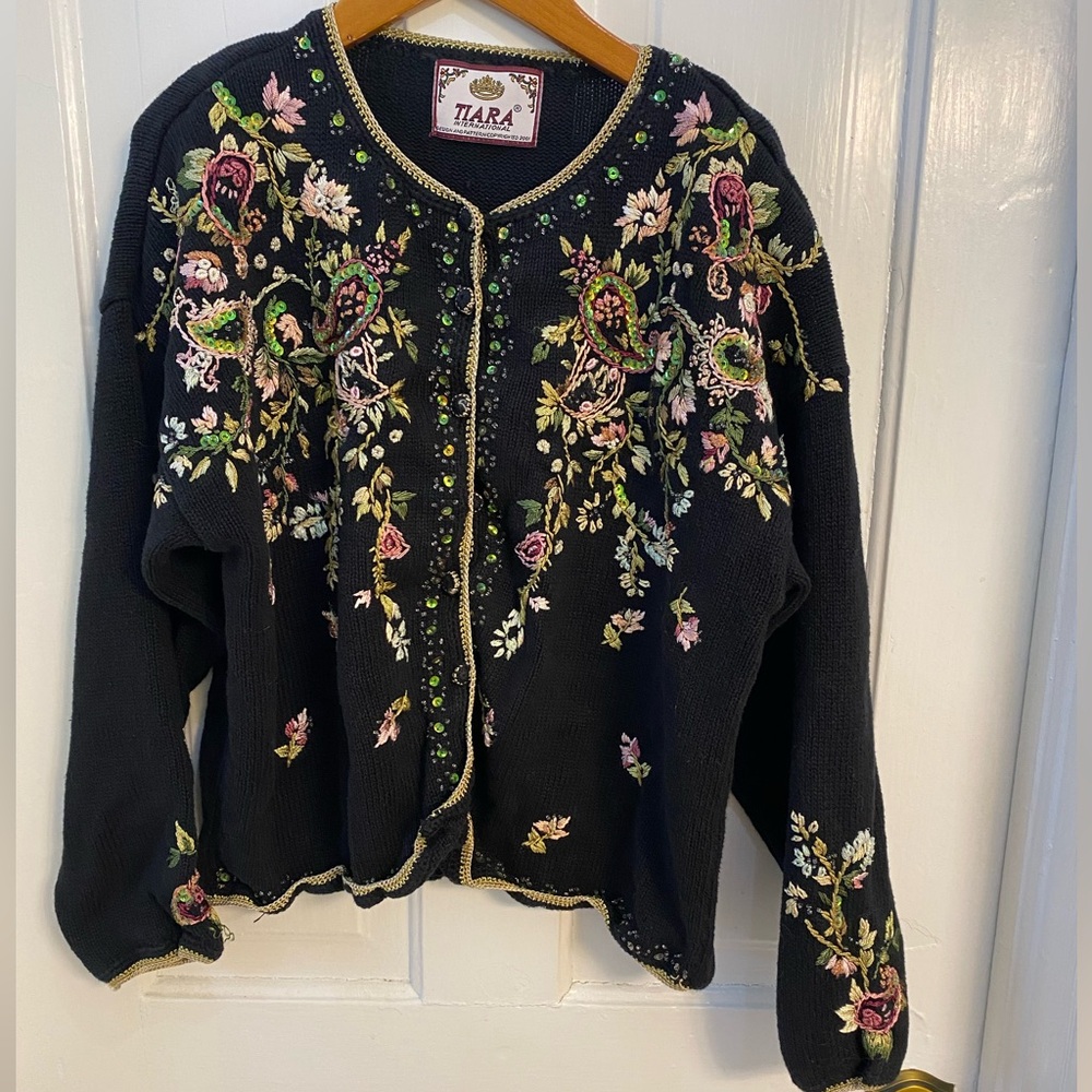 Vintage Tiara International Embroidered Sequin Button Sweater